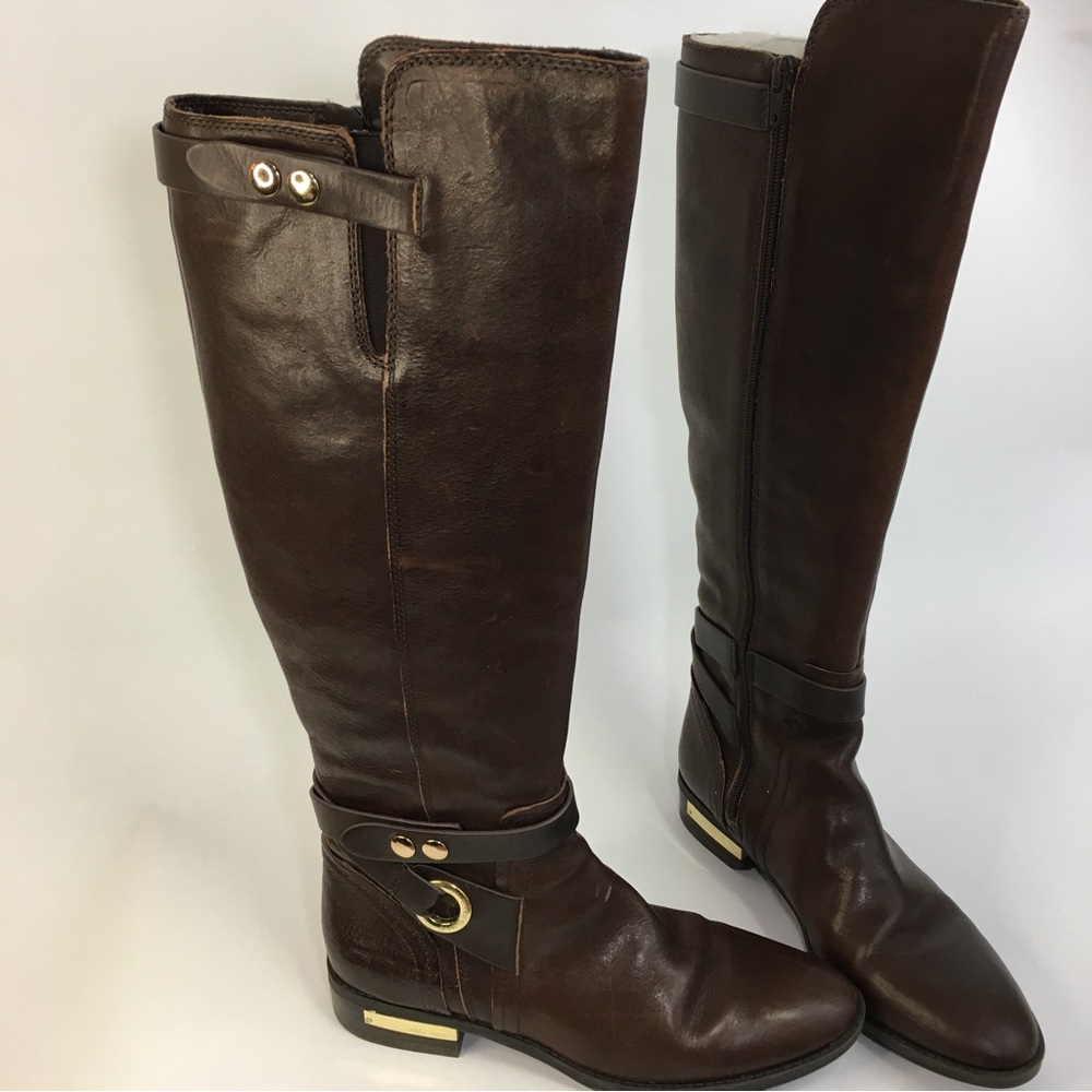 Vince Camuto leather Prini tall riding boots gold details